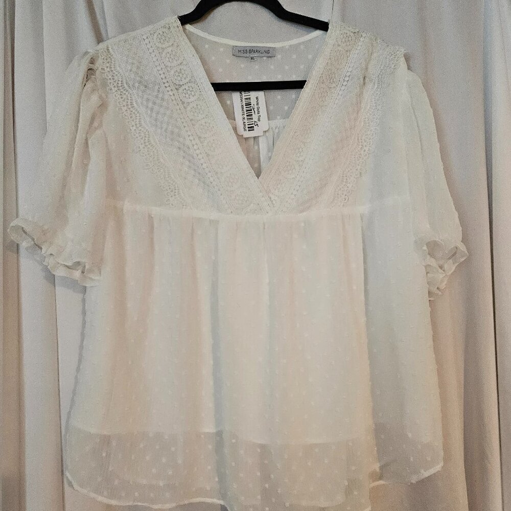 Miss‎ Sparking White Summer Swiss Dot Sheer White Boho Blouse NWT XL
